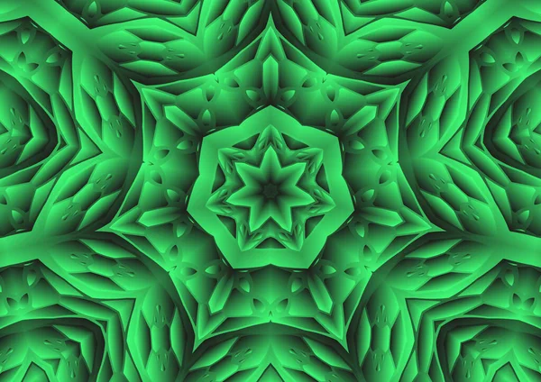 Dijital illüstrasyon, geometrik soyut renkli kaleydoskop simetrik desen ve gradyan etkisi. Klasik güzel dekoratif yeşil arkaplan