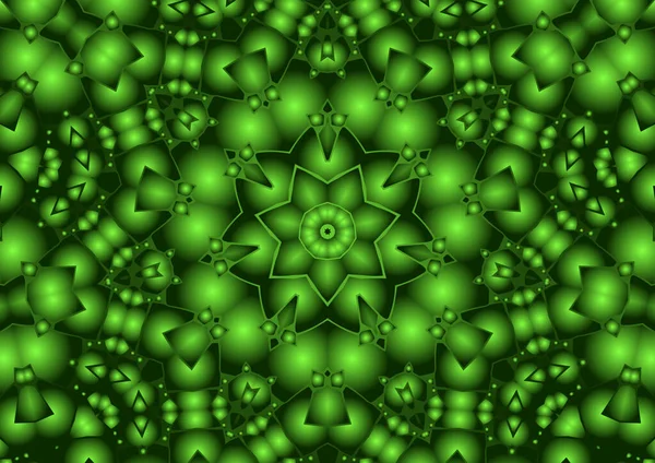Dijital illüstrasyon, geometrik soyut renkli kaleydoskop simetrik desen ve gradyan etkisi. Klasik güzel dekoratif yeşil arkaplan