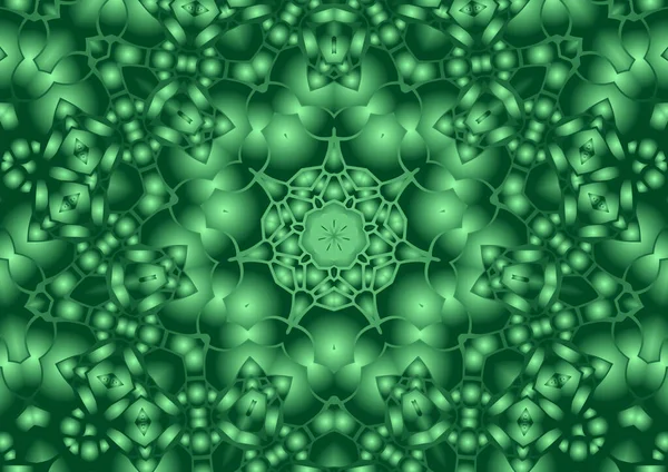 Dijital illüstrasyon, geometrik soyut renkli kaleydoskop simetrik desen ve gradyan etkisi. Klasik güzel dekoratif yeşil arkaplan