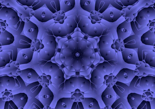 Dijital illüstrasyon, geometrik soyut renkli kaleydoskop simetrik desen ve gradyan etkisi. Klasik güzel dekoratif mavi arkaplan