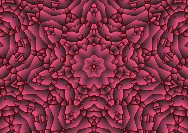 Dijital illüstrasyon, geometrik soyut renkli kaleydoskop simetrik desen ve gradyan etkisi. Klasik güzel dekoratif kırmızı arkaplan