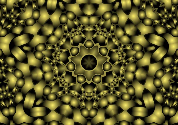 Dijital illüstrasyon, geometrik soyut renkli kaleydoskop simetrik desen ve gradyan etkisi. Klasik güzel dekoratif sarı arkaplan