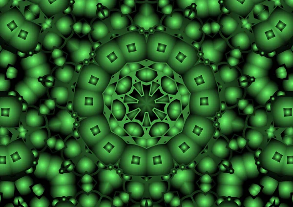 Dijital illüstrasyon, geometrik soyut renkli kaleydoskop simetrik desen ve gradyan etkisi. Klasik güzel dekoratif yeşil arkaplan