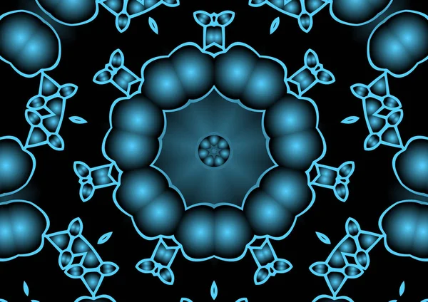 Dijital illüstrasyon, geometrik soyut renkli kaleydoskop simetrik desen ve gradyan etkisi. Klasik güzel dekoratif mavi arkaplan