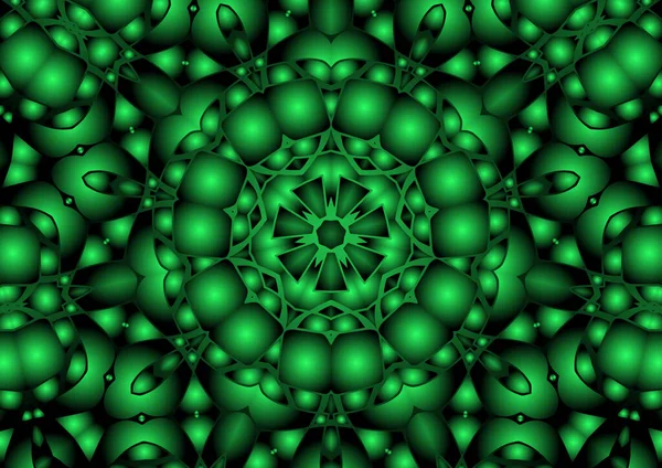 Dijital illüstrasyon, geometrik soyut renkli kaleydoskop simetrik desen ve gradyan etkisi. Klasik güzel dekoratif yeşil arkaplan