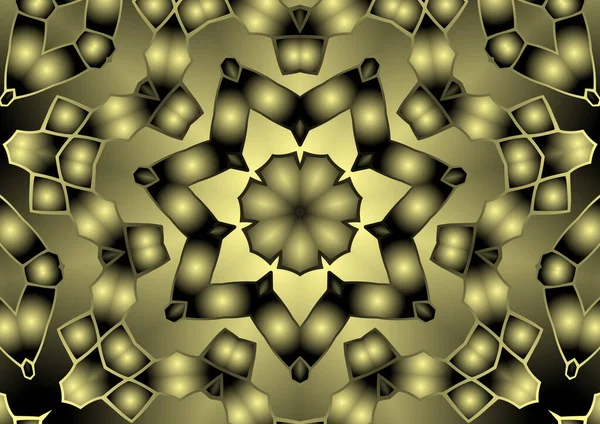 Dijital illüstrasyon, geometrik soyut renkli kaleydoskop simetrik desen ve gradyan etkisi. Klasik güzel dekoratif sarı arkaplan