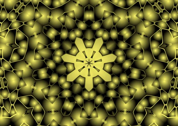 Dijital illüstrasyon, geometrik soyut renkli kaleydoskop simetrik desen ve gradyan etkisi. Klasik güzel dekoratif sarı arkaplan