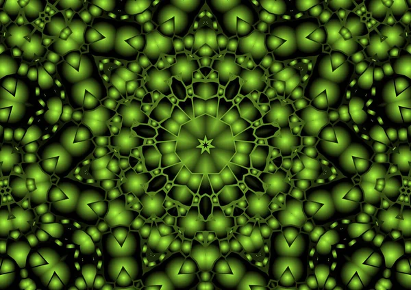 Dijital illüstrasyon, geometrik soyut renkli kaleydoskop simetrik desen ve gradyan etkisi. Klasik güzel dekoratif yeşil arkaplan