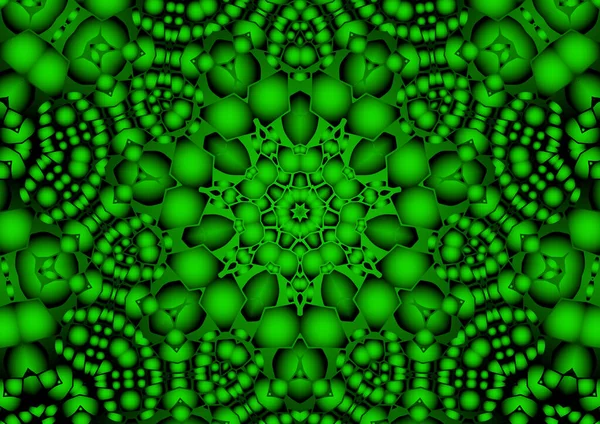 Dijital illüstrasyon, geometrik soyut renkli kaleydoskop simetrik desen ve gradyan etkisi. Klasik güzel dekoratif yeşil arkaplan