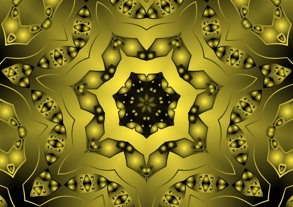 Dijital illüstrasyon, geometrik soyut renkli kaleydoskop simetrik desen ve gradyan etkisi. Klasik güzel dekoratif sarı arkaplan