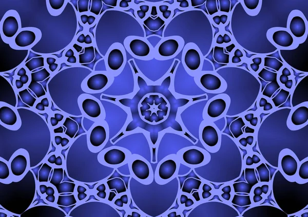 Dijital illüstrasyon, geometrik soyut renkli kaleydoskop simetrik desen ve gradyan etkisi. Klasik güzel dekoratif mavi arkaplan