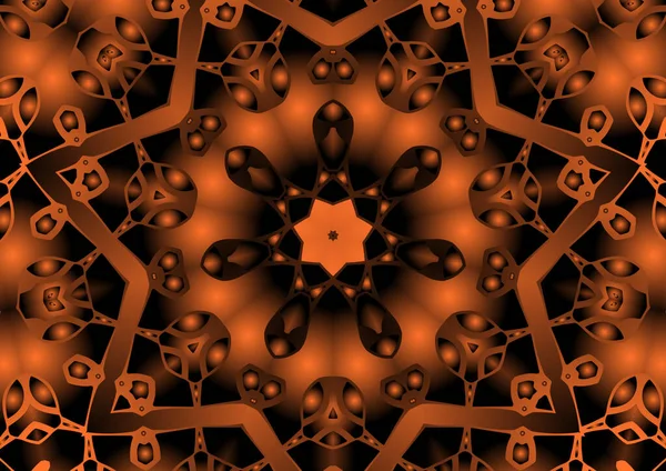 Dijital illüstrasyon, geometrik soyut renkli kaleydoskop simetrik desen ve gradyan etkisi. Klasik güzel dekoratif turuncu arka plan