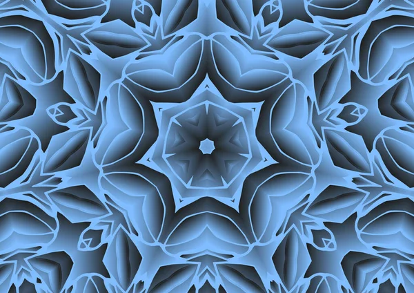 Dijital illüstrasyon, geometrik soyut renkli kaleydoskop simetrik desen ve gradyan etkisi. Klasik güzel dekoratif mavi arkaplan