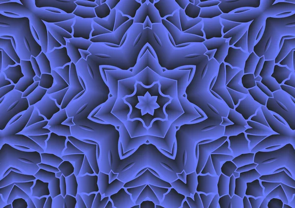 Dijital illüstrasyon, geometrik soyut renkli kaleydoskop simetrik desen ve gradyan etkisi. Klasik güzel dekoratif mavi arkaplan