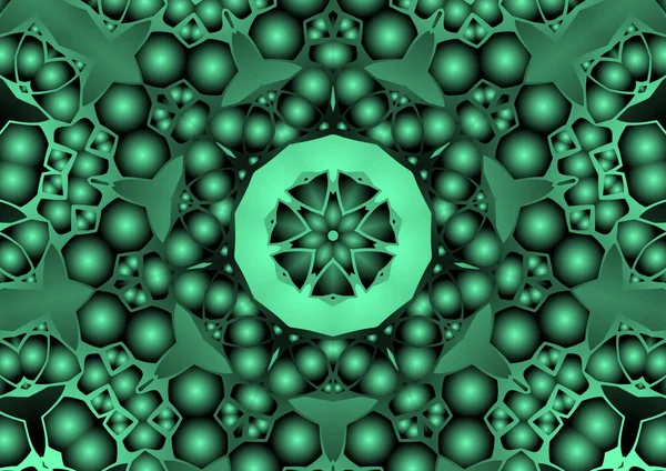 Dijital illüstrasyon, geometrik soyut renkli kaleydoskop simetrik desen ve gradyan etkisi. Klasik güzel dekoratif yeşil arkaplan