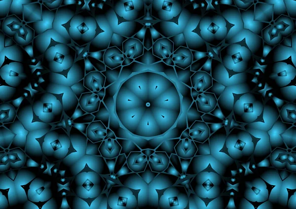 Dijital illüstrasyon, geometrik soyut renkli kaleydoskop simetrik desen ve gradyan etkisi. Klasik güzel dekoratif mavi arkaplan