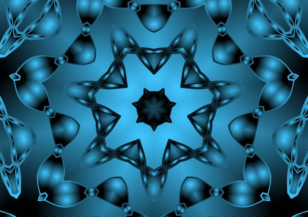 Dijital illüstrasyon, geometrik soyut renkli kaleydoskop simetrik desen ve gradyan etkisi. Klasik güzel dekoratif mavi arkaplan