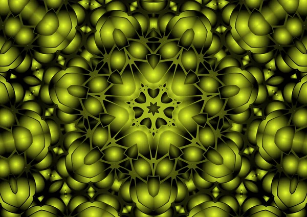 Dijital illüstrasyon, geometrik soyut renkli kaleydoskop simetrik desen ve gradyan etkisi. Klasik güzel dekoratif sarı arkaplan