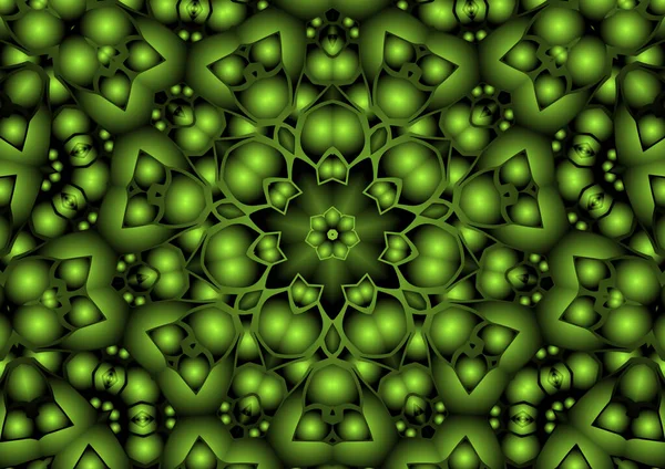 Dijital illüstrasyon, geometrik soyut renkli kaleydoskop simetrik desen ve gradyan etkisi. Klasik güzel dekoratif yeşil arkaplan