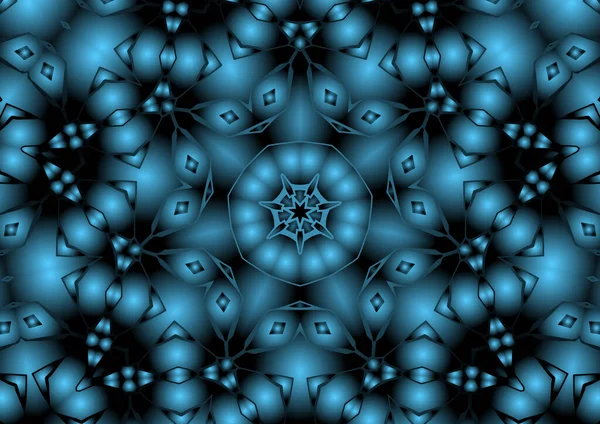 Dijital illüstrasyon, geometrik soyut renkli kaleydoskop simetrik desen ve gradyan etkisi. Klasik güzel dekoratif mavi arkaplan