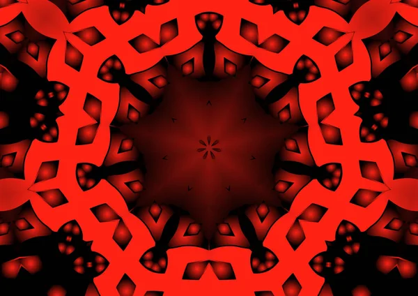 Dijital illüstrasyon, geometrik soyut renkli kaleydoskop simetrik desen ve gradyan etkisi. Klasik güzel dekoratif kırmızı arkaplan