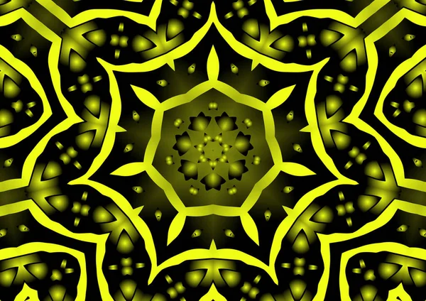 Dijital illüstrasyon, geometrik soyut renkli kaleydoskop simetrik desen ve gradyan etkisi. Klasik güzel dekoratif sarı arkaplan
