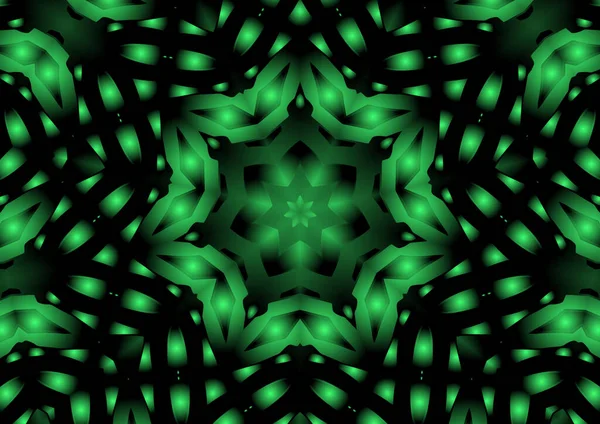 Dijital illüstrasyon, geometrik soyut renkli kaleydoskop simetrik desen ve gradyan etkisi. Klasik güzel dekoratif yeşil arkaplan