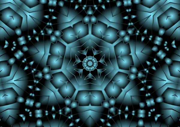 Dijital illüstrasyon, geometrik soyut renkli kaleydoskop simetrik desen ve gradyan etkisi. Klasik güzel dekoratif mavi arkaplan