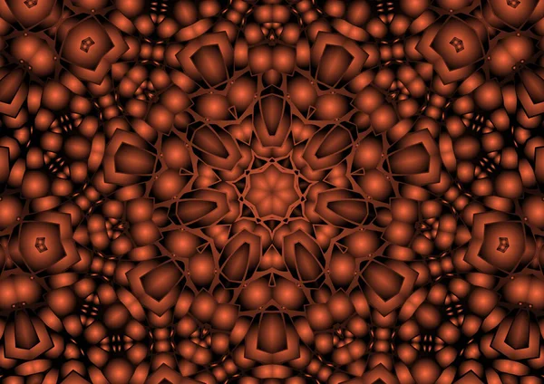 Dijital illüstrasyon, geometrik soyut renkli kaleydoskop simetrik desen ve gradyan etkisi. Klasik güzel dekoratif kırmızı arkaplan