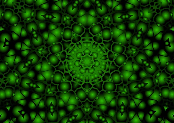 Dijital illüstrasyon, geometrik soyut renkli kaleydoskop simetrik desen ve gradyan etkisi. Klasik güzel dekoratif yeşil arkaplan