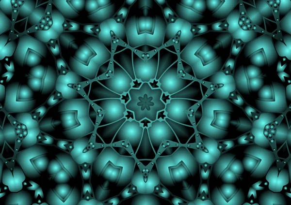 Dijital illüstrasyon, geometrik soyut renkli kaleydoskop simetrik desen ve gradyan etkisi. Klasik güzel dekoratif mavi arkaplan