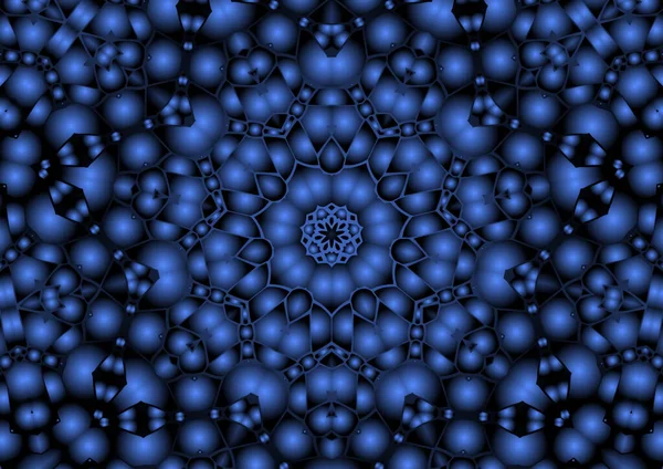 Dijital illüstrasyon, geometrik soyut renkli kaleydoskop simetrik desen ve gradyan etkisi. Klasik güzel dekoratif mavi arkaplan