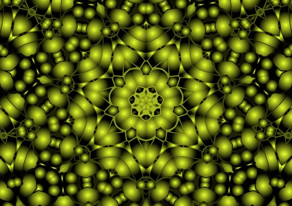 Dijital illüstrasyon, geometrik soyut renkli kaleydoskop simetrik desen ve gradyan etkisi. Klasik güzel dekoratif sarı arkaplan