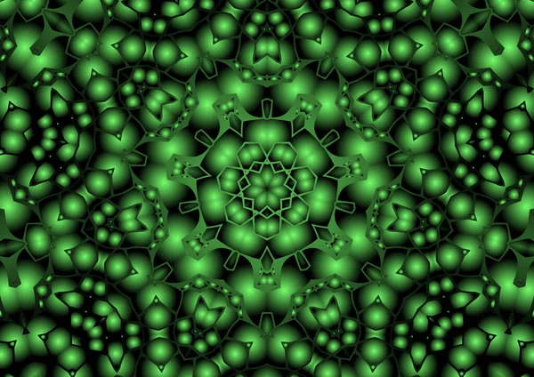 Dijital illüstrasyon, geometrik soyut renkli kaleydoskop simetrik desen ve gradyan etkisi. Klasik güzel dekoratif yeşil arkaplan