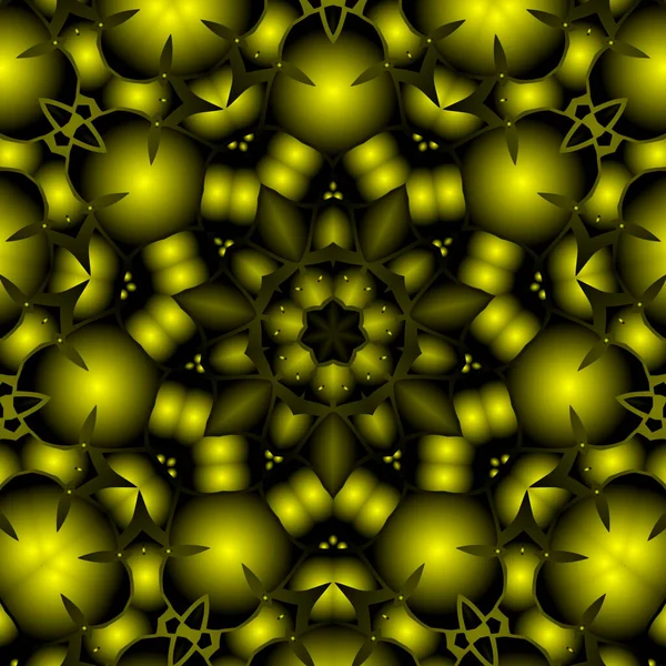 Dijital illüstrasyon, geometrik soyut renkli kaleydoskop simetrik desen ve gradyan etkisi. Klasik güzel dekoratif sarı arkaplan