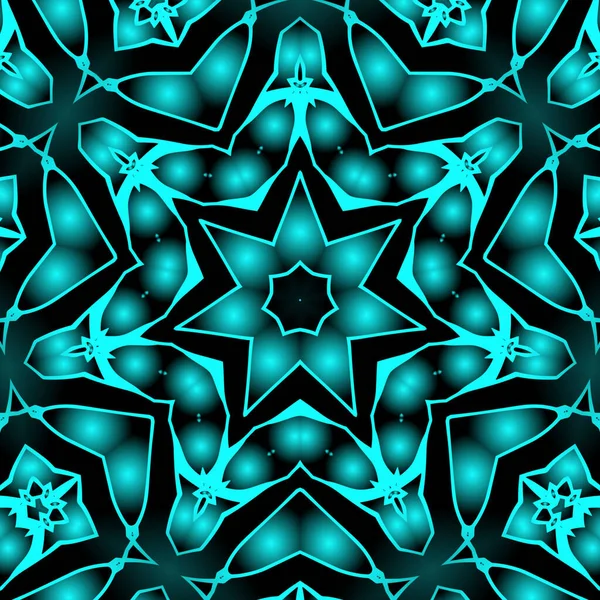 Dijital illüstrasyon, geometrik soyut renkli kaleydoskop simetrik desen ve gradyan etkisi. Klasik güzel dekoratif mavi arkaplan