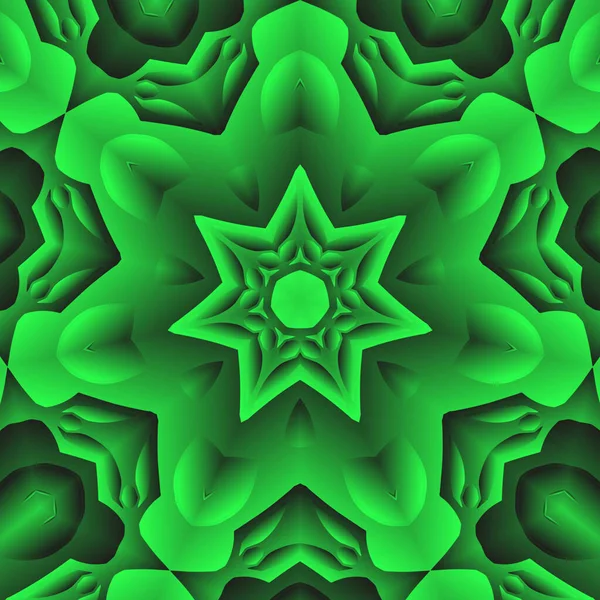 Dijital illüstrasyon, geometrik soyut renkli kaleydoskop simetrik desen ve gradyan etkisi. Klasik güzel dekoratif yeşil arkaplan