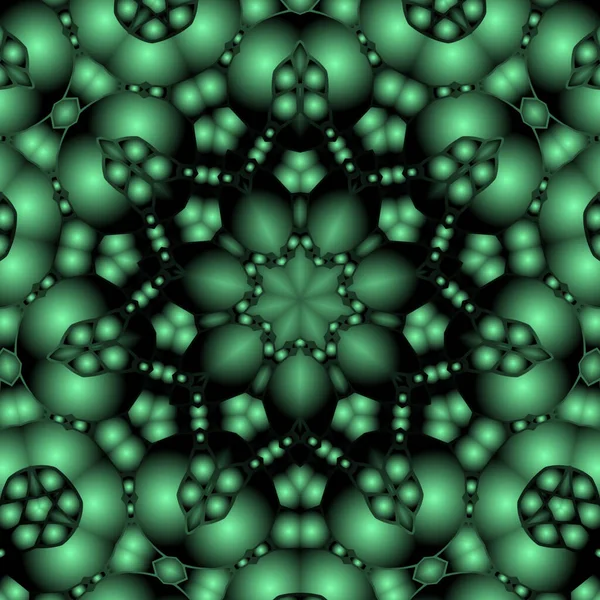 Dijital illüstrasyon, geometrik soyut renkli kaleydoskop simetrik desen ve gradyan etkisi. Klasik güzel dekoratif yeşil arkaplan