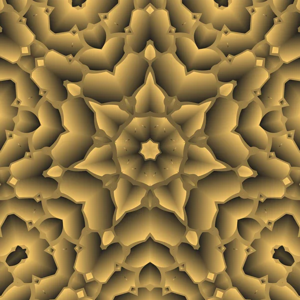 Dijital illüstrasyon, geometrik soyut renkli kaleydoskop simetrik desen ve gradyan etkisi. Klasik güzel dekoratif sarı arkaplan