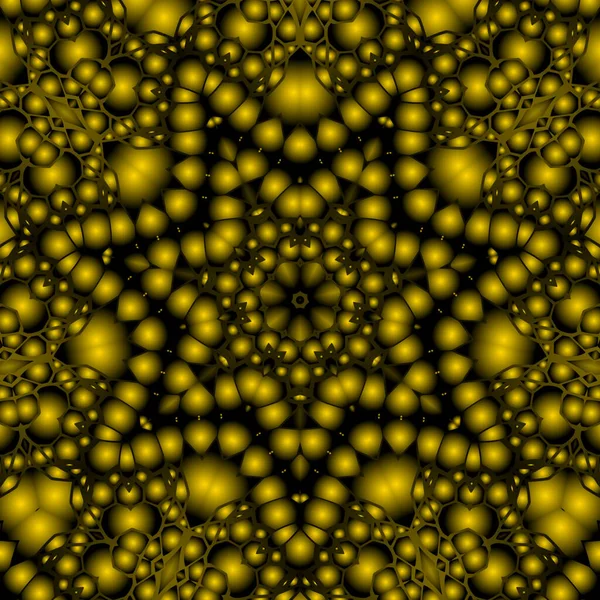 Dijital illüstrasyon, geometrik soyut renkli kaleydoskop simetrik desen ve gradyan etkisi. Klasik güzel dekoratif sarı arkaplan