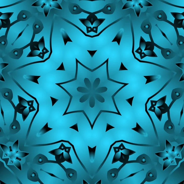 Dijital illüstrasyon, geometrik soyut renkli kaleydoskop simetrik desen ve gradyan etkisi. Klasik güzel dekoratif mavi arkaplan