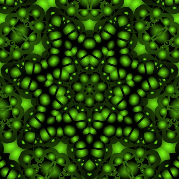 Dijital illüstrasyon, geometrik soyut renkli kaleydoskop simetrik desen ve gradyan etkisi. Klasik güzel dekoratif yeşil arkaplan