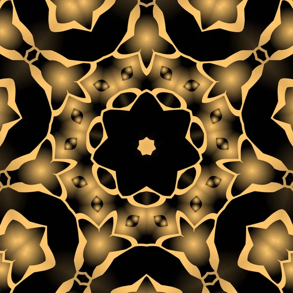 Dijital illüstrasyon, geometrik soyut renkli kaleydoskop simetrik desen ve gradyan etkisi. Klasik güzel dekoratif sarı arkaplan