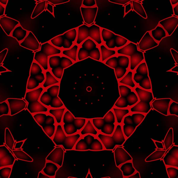 Dijital illüstrasyon, geometrik soyut renkli kaleydoskop simetrik desen ve gradyan etkisi. Klasik güzel dekoratif kırmızı arkaplan