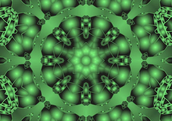 Dijital illüstrasyon, geometrik soyut renkli kaleydoskop simetrik desen ve gradyan etkisi. Klasik güzel dekoratif yeşil arkaplan