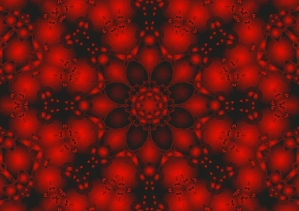 Dijital illüstrasyon, geometrik soyut renkli kaleydoskop simetrik desen ve gradyan etkisi. Klasik güzel dekoratif kırmızı arkaplan