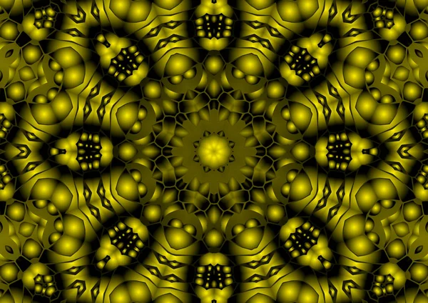 Dijital illüstrasyon, geometrik soyut renkli kaleydoskop simetrik desen ve gradyan etkisi. Klasik güzel dekoratif sarı arkaplan