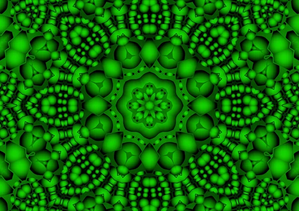 Dijital illüstrasyon, geometrik soyut renkli kaleydoskop simetrik desen ve gradyan etkisi. Klasik güzel dekoratif yeşil arkaplan