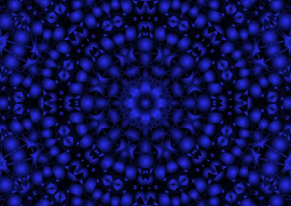 Dijital illüstrasyon, geometrik soyut renkli kaleydoskop simetrik desen ve gradyan etkisi. Klasik güzel dekoratif mavi arkaplan