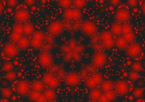 Dijital illüstrasyon, geometrik soyut renkli kaleydoskop simetrik desen ve gradyan etkisi. Klasik güzel dekoratif kırmızı arkaplan